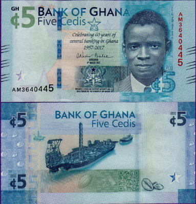 Банкнота Ганы 5 седи 2017 года 60 лет ЦБ